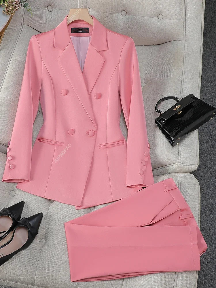 Fashion Office Ladies Formal Pant Suit Set Women Blue Pink Yellow Female Business Work Wear 2 Piece Blazer Jacket And Trouser
