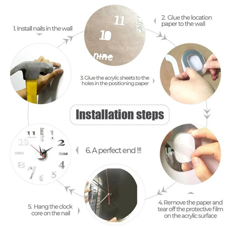 DIY stor väggklocka klistermärke Kit Modern 3D -spegel klistermärke för hemmakontorsrum Väggdekor Modern Heminredning