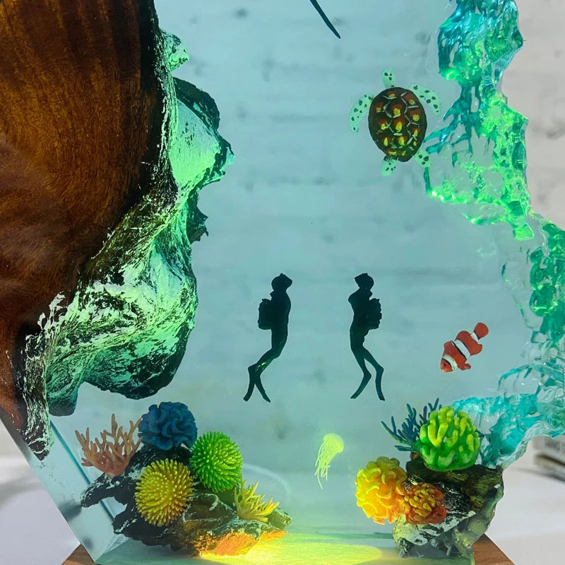 Havsbotten Världsorganismen hartsbord Ljus Creactive Art Decoration Lamp Underwater Diving Theme Night Light USB Charge