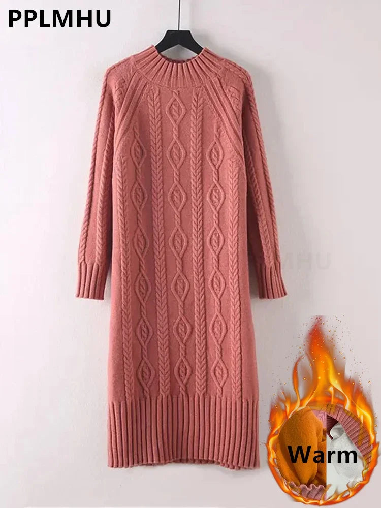 Winter Thicken Plush Velvet Lined Sweater Dress Women's Fall Half Turtleneck Rib Knit Bottom Dresses Elegant Warm Vestido Midi
