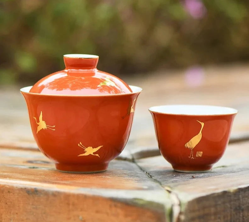 120 ml Retro Persimmon Red Gaiwan handgefertigt Crane Tea Deckel Set Tee Tureen Haushalts Tee -Maker -Cover für Teezubehör für Teezubehör