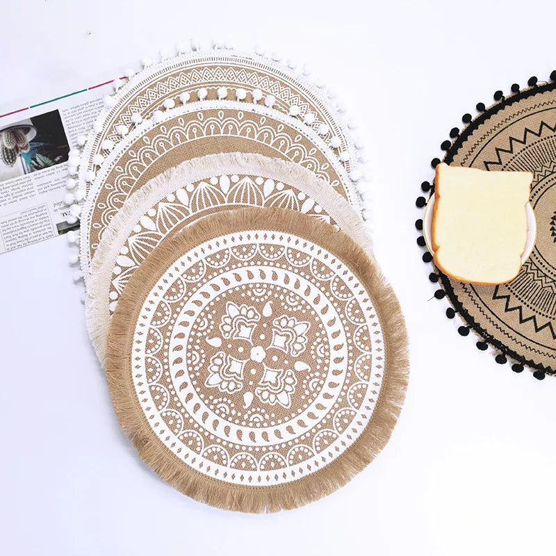 Bordado de lino de algodón almohadilla de café tazón de café redonda de 38 cm estilo nórdico de cocina sin deslizamiento decoración del hogar 51001