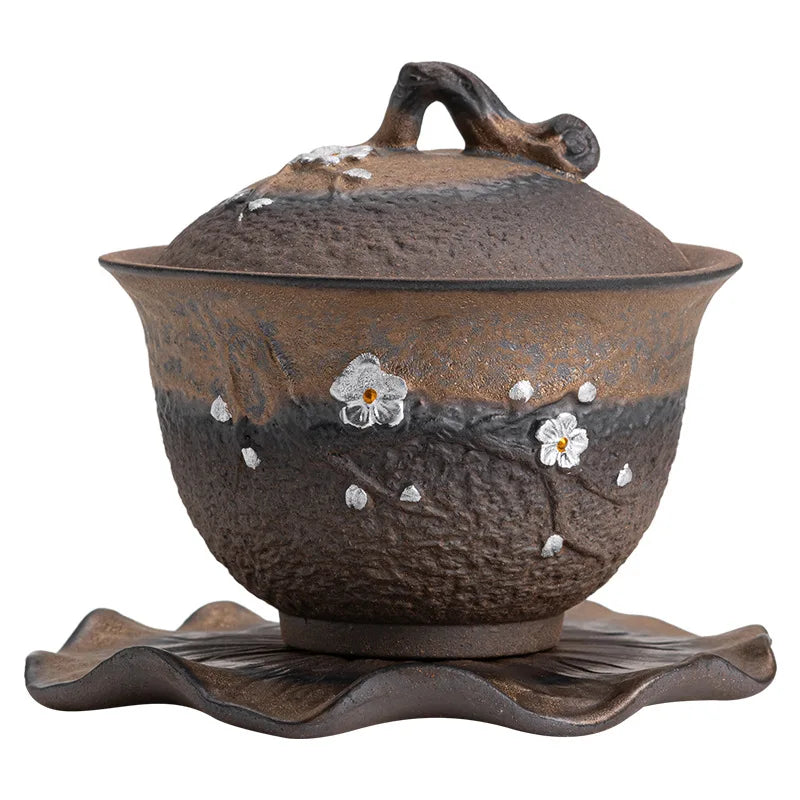 Tea Tea Sancai Jepun dengan reka bentuk retro dan tembikar kasar buatan tangan gaiwan cawan teh mangkuk seramik