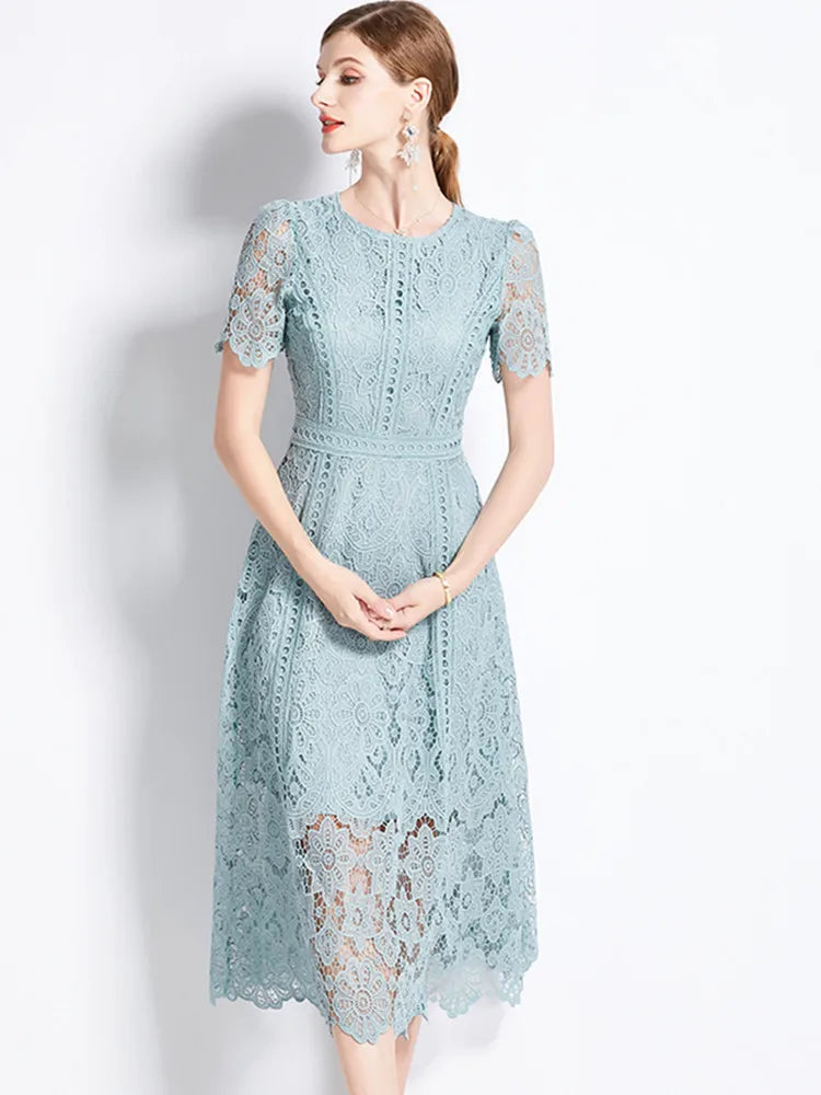 SMTHMA Vintage High-End O-Neck Short Sleeve Lace Hollow Out Dress For Women's Summer Slim Elegant Long Dress Female Clothing