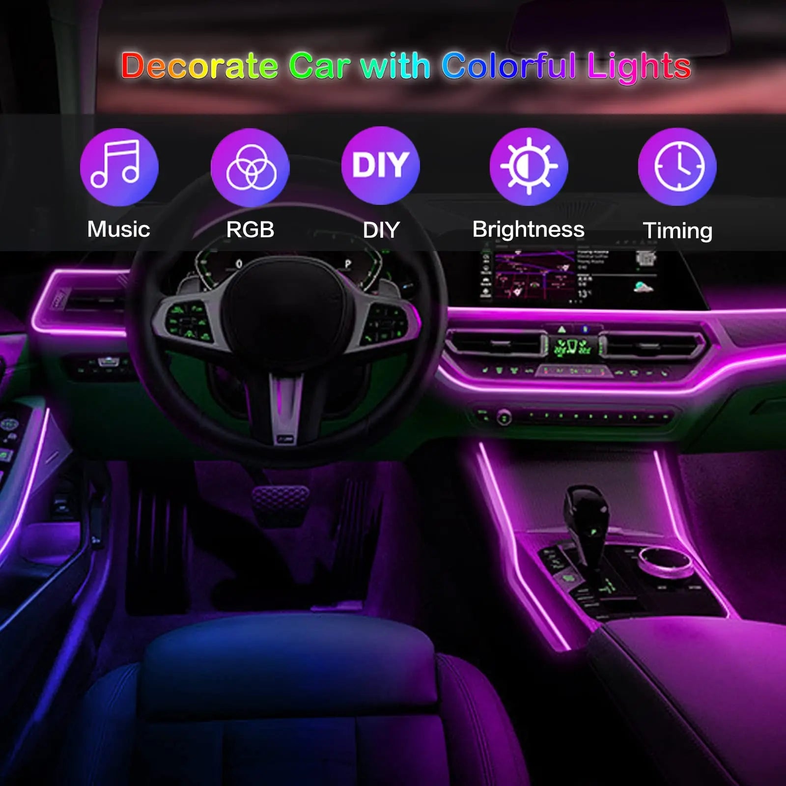 Luzes de tira ambiental do interior do carro LED Luzes de fibra óptica RGB Kit de iluminação de neon com App Controle remoto Lâmpadas decorativas automáticas