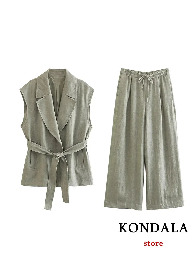 KONDALA Vintage Gray Solid Chic Women Suit Sleeveless Notched Belt Top Straight Loose Pants New Fashion 2024 Summer Sets