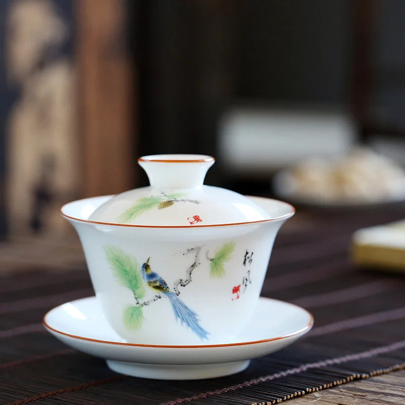 Keramik Sancai Gaiwan Tea Bowl Chinese Handmade On-Glazed Porcelana Kung Fu Tea Tureen Teal Set Teh Dekorasi Rumah Cangkir Teh