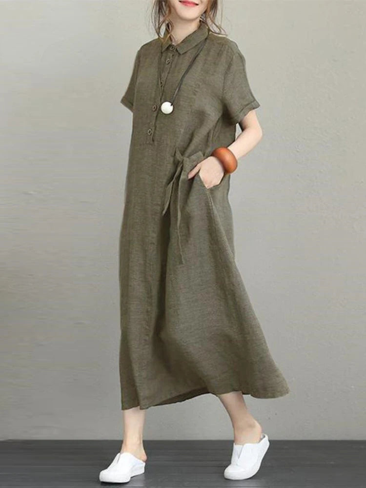 Summer Dress Women Cotton Linen Vintage Casual Loose Oversie Lapel Short-sleeved Dress New In Mid-length Long Dress for Women