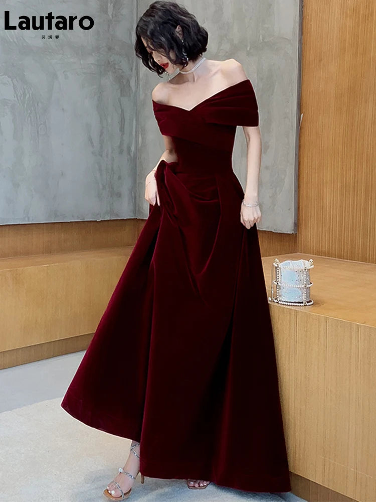 Lautaro Spring Long Luxury Elegant Wine Red Soft Velvet Evening Party Wedding Dresses for Women 2022 Off Shoulder Maxi Dress