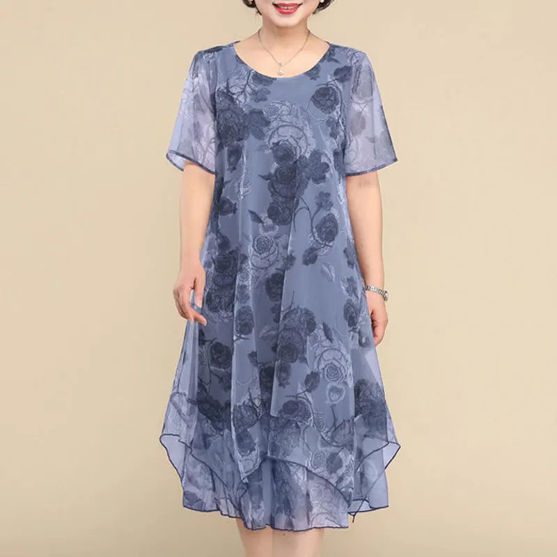 2023 O-Neck Short Sleeve Dresses Vintage Floral Printed Summer Gauze Spliced Women's Clothing Stylish Irregular Loose Midi Dress