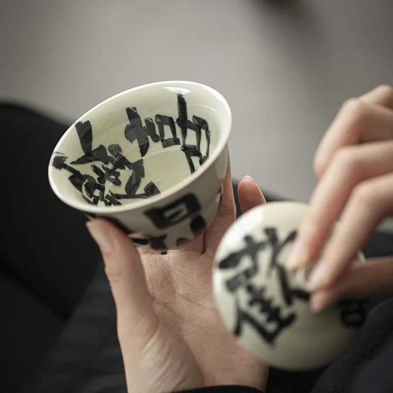 110 ml Retro Pflanze graue Keramik Tee Tureen handgeschriebene Kunstkürbis -Cover -Schüssel Tee Schüssel mit Deckung Tee Maker Gaiwan Kung Fu Tee Set