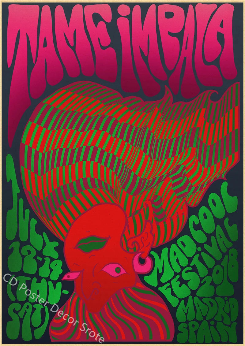Poster psychedelic psychedelic jinak band rock band kraft poster kertas vintage ruang rumah bar kafe dekorasi estetika seni dinding lukisan