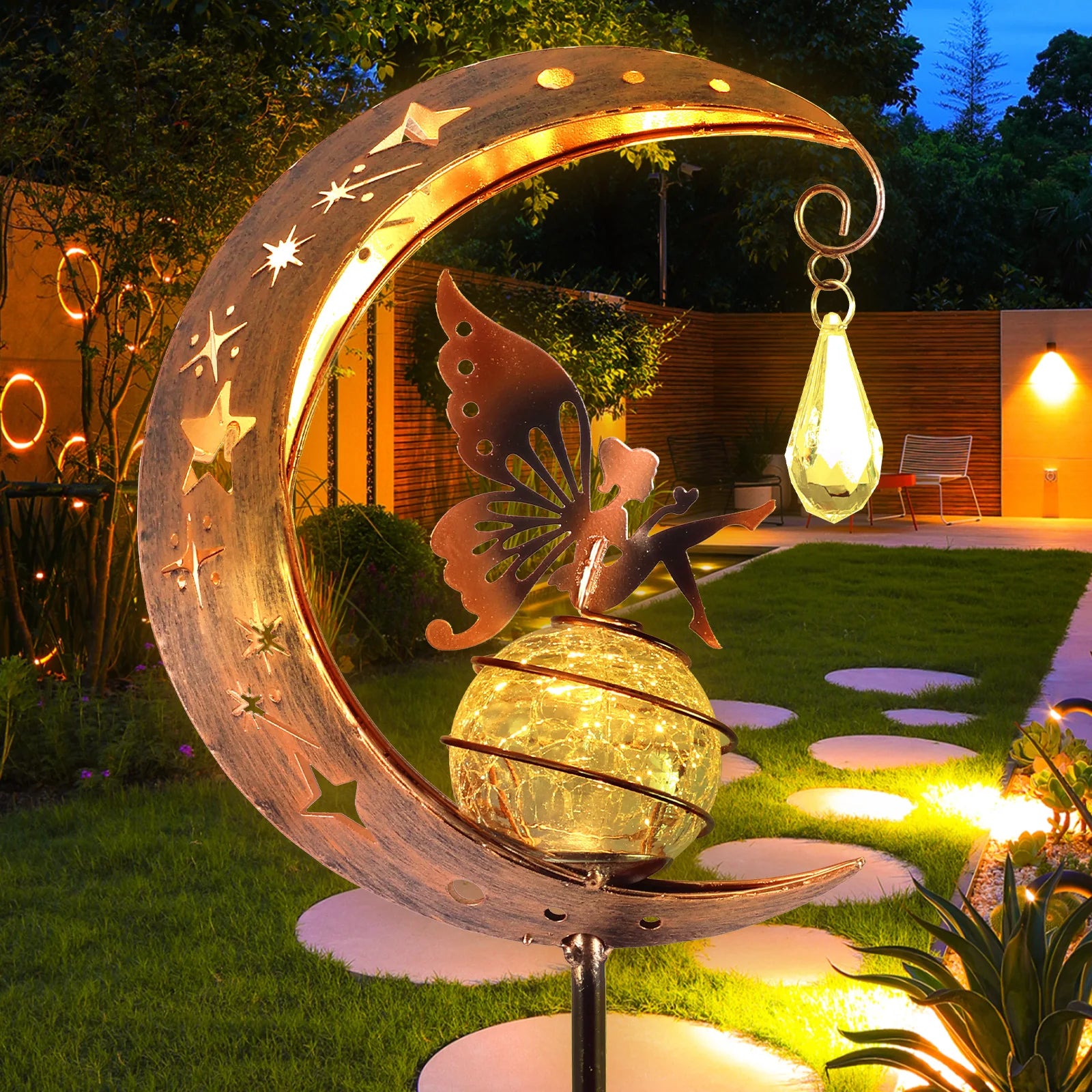 Fairy Moon Solar Light Lawn Ornament Creative Hiasan Kreatif Iron Hollow Crack Ball Lampu Angle Art Led Yard Hiasan
