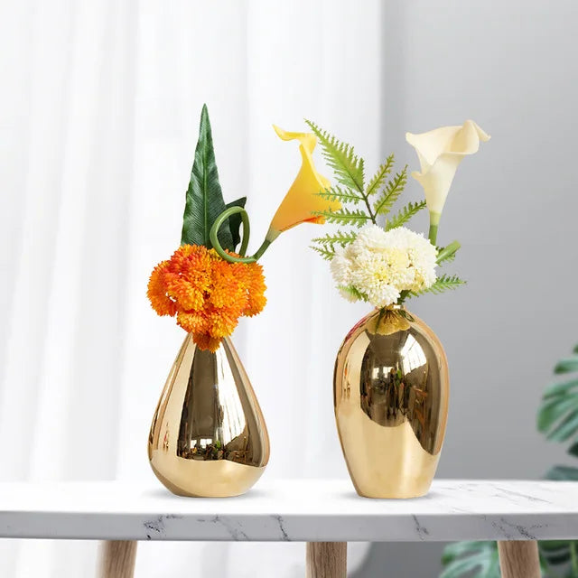 Vaso de cerâmica dourada nórdica Eletroplatação Dourado+Conjunto de Flores Artificiais Mesa de jantar Casa Crafts Club Cafe Bar Decoração de mobiliário