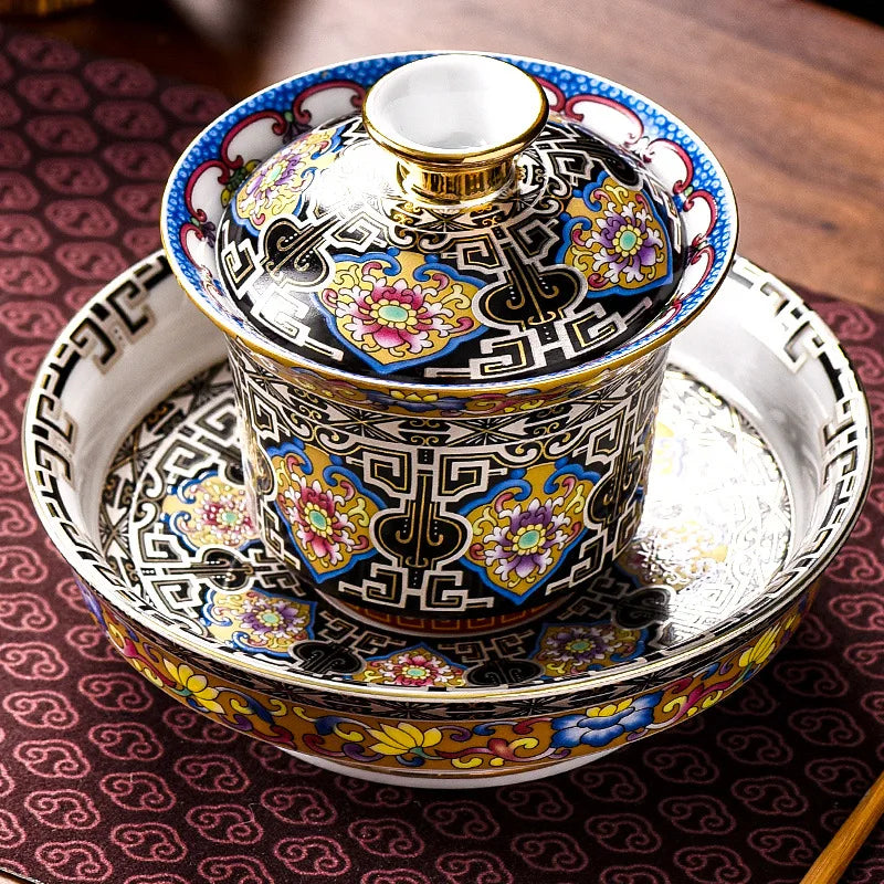 Farb Emaille Sancai Gaiwan Keramik Tee Tee Tassen Elegant Retro hochklochende Tee Tureen Porzellan Gongfu Tee Schüssel Tasse