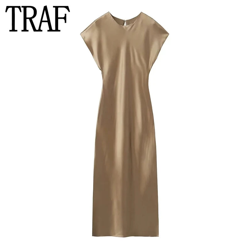 TRAF Midi Satin Dress Woman Elegant Long Dresses For Women 2023 Summer Short Sleeve Party Dress Formal Occasion Evening Dresses