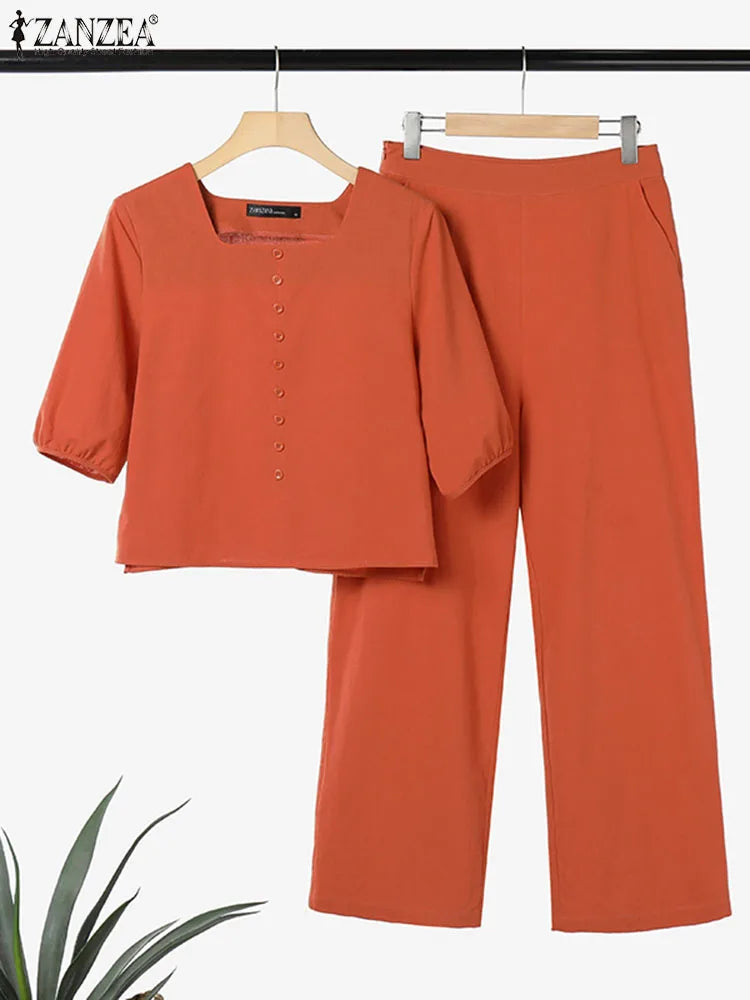 ZANZEA Elegant Women Fashion Puff Sleeve Pant Sets 2PCS Solid OL Work Trousers Suits Urban Tracksuit 2023 Summer Matching Sets