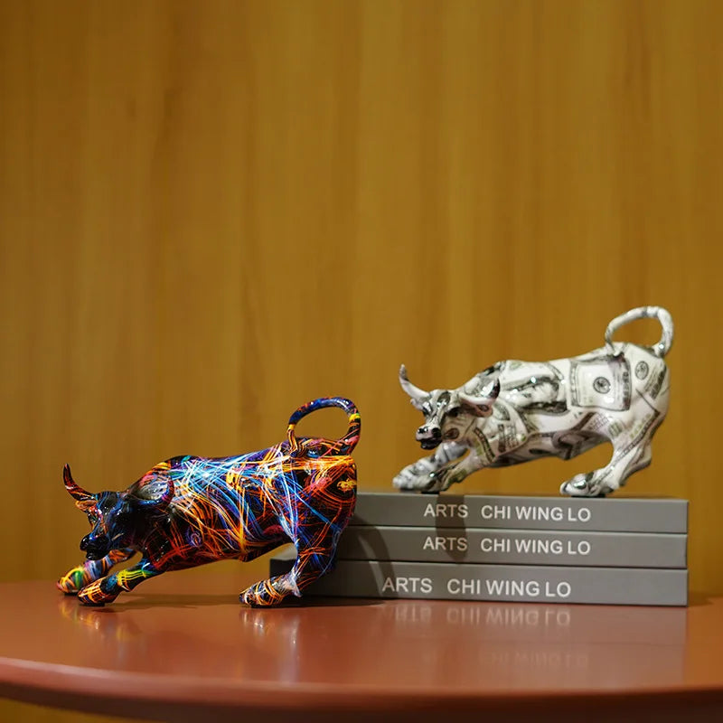 Graffiti schilderen Bull Figurines Hars Wall Street Bull Ox Statue Woonkamer Animal Crafts ornamenten Home Office Decor