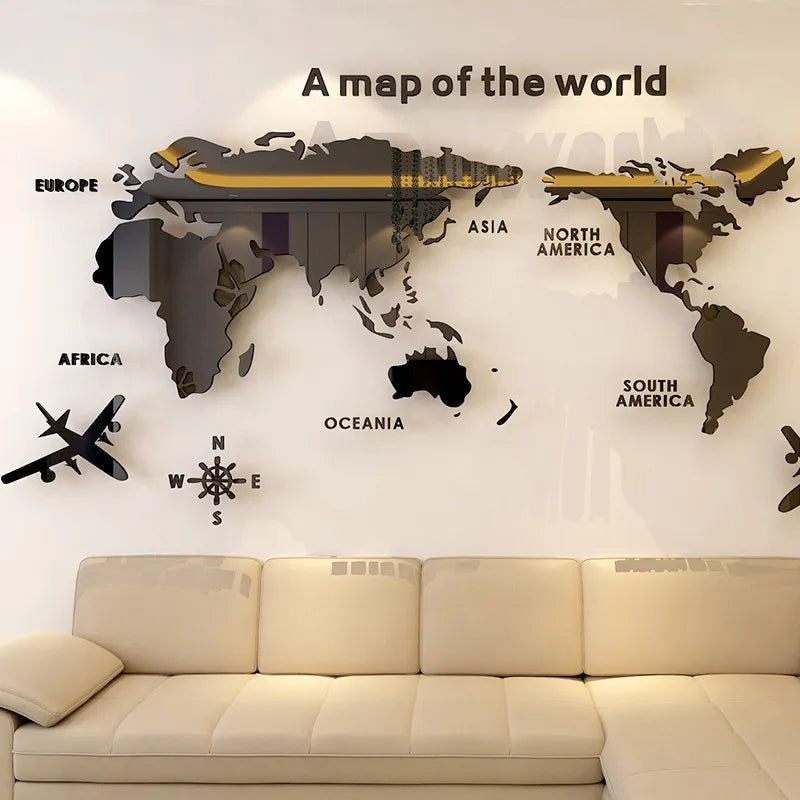 Muro de mapa mundial 3D Pegatizas de pared acrílica Pegatizas de espejo tridimensional de la oficina de la oficina Decoración de la pared de la pared