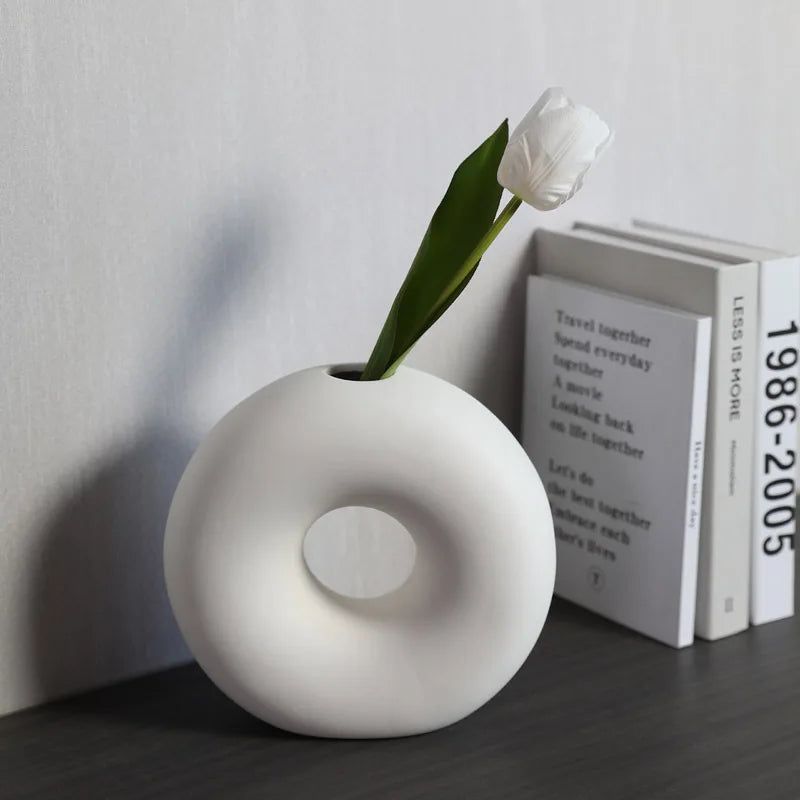 Donut Ceramic Vase White Circle Flower Set Dry Flower Artificial Flower Home Soft Decoration Ornaments