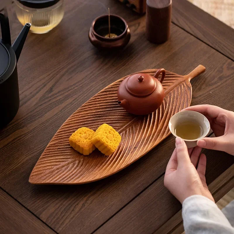 Plateau de rafraîchissement de forme de feuille en bois Plateau de feuille de feuille de style chinois Brewing Tea Tray Table Table Varelle Fourniture