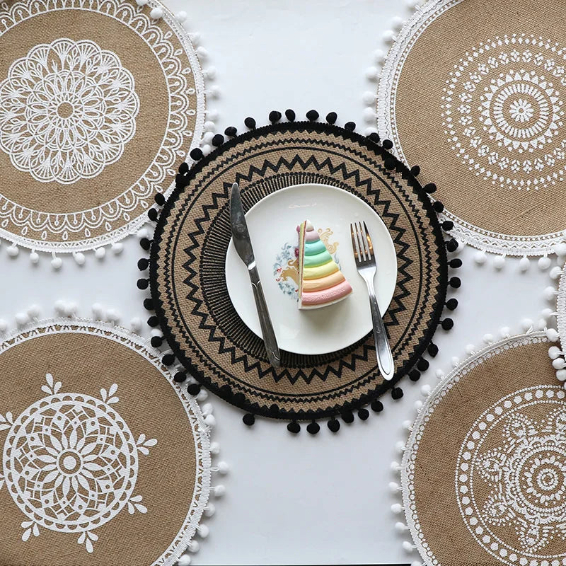 Puuvillapellavakirjontatyyny astian kahvikuppöytä matto pyöreä 38 cm pohjoismaista tyyliä liukumaton keittiö Placemat Coaster Home Decor 51001