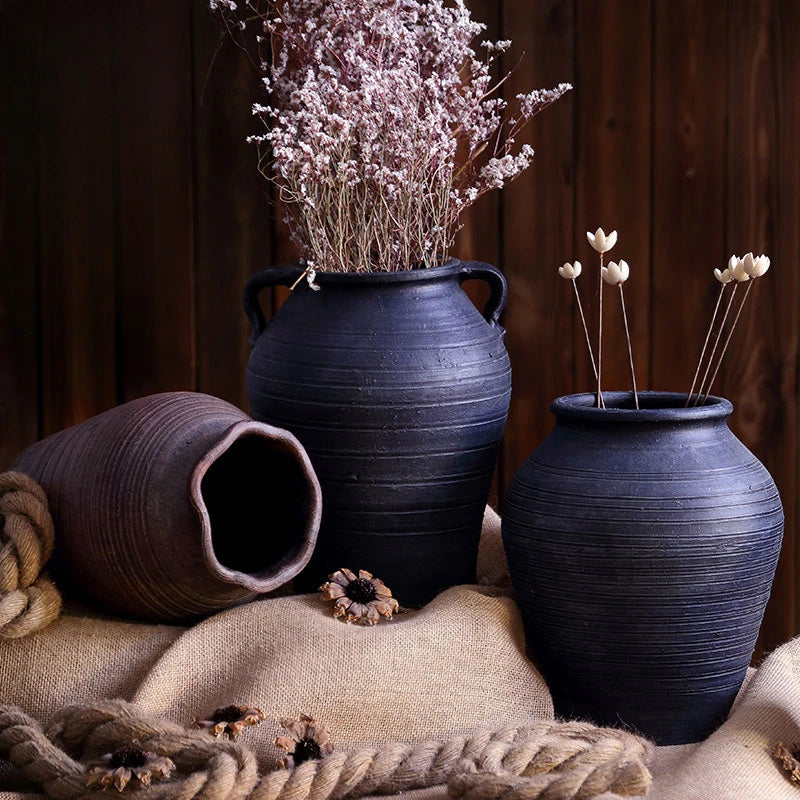 Vas Bunga Keramik Besar Dirancang Ruang Tamu Porselain Pottery Vas Luxury Black Clay Pot Deco Maison Vas Dekorasi Rumah