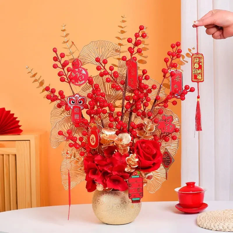 Falske Røde Fortune Fruit Keramisk vase Sæt tilbehør Kunst nytår Brudåbning Ornamenter Hjem Stue Loomishing Dekoration