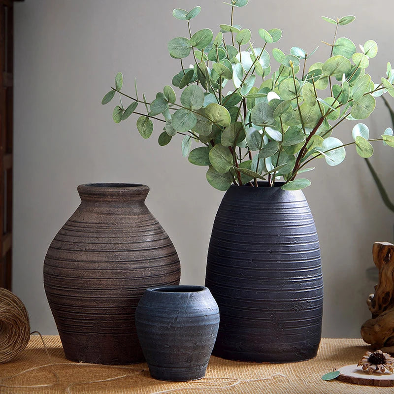 Large Ceramic Flower Vase Designed Living Room Porcelain Pottery Vase Luxury Black Clay Pot Deco Maison Vase Decoration Home