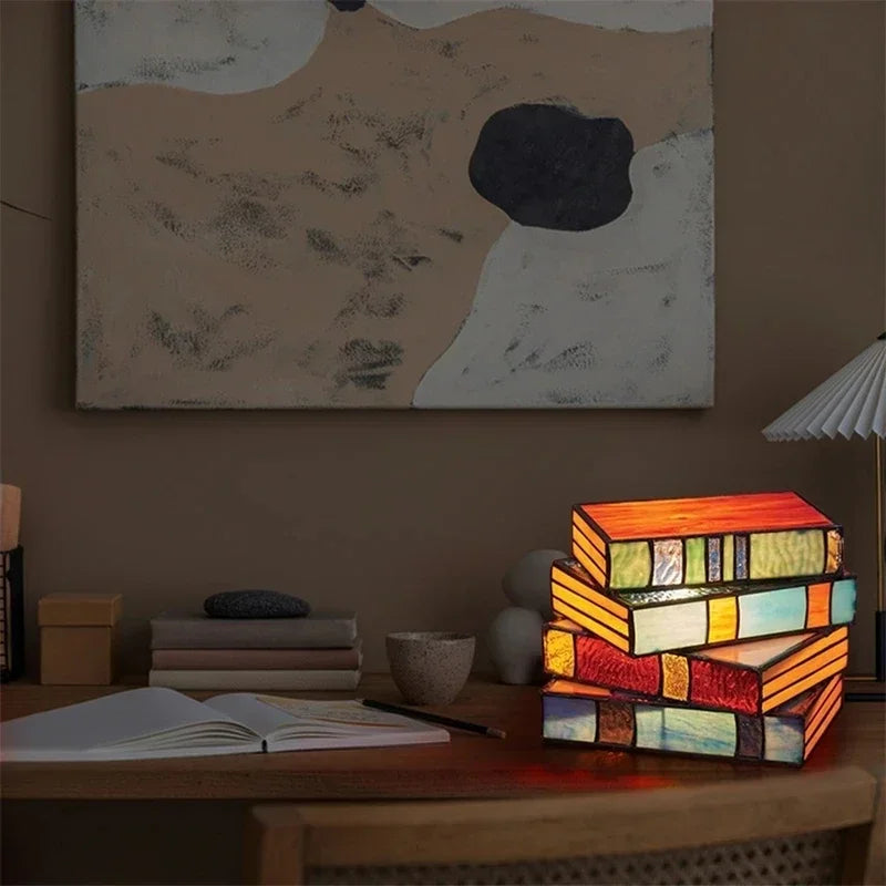 Stacked Books Lamp Nightstand Desk Lamps Resin Handicraft Stacked Books Light Stained Glass Table Desk Reading Light Decorative