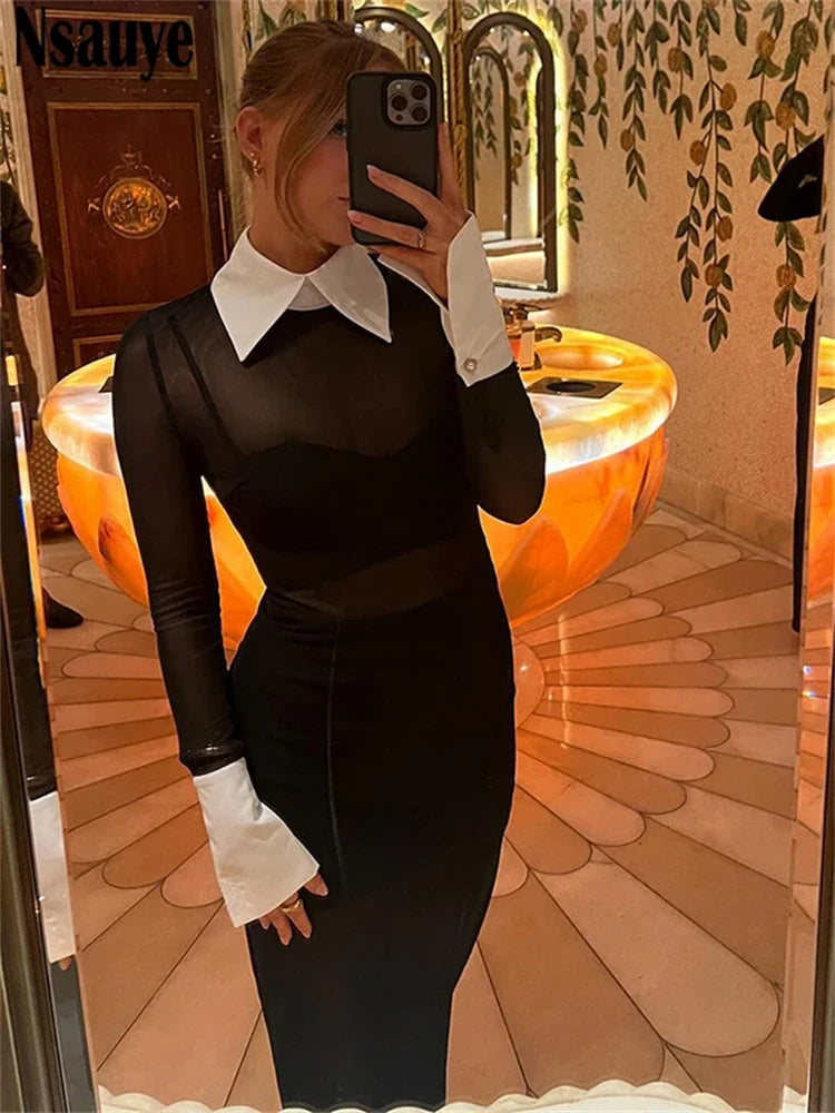 Nsauye Vintage 2024 New Fashion Elegant Mesh Black Long Sleeve Bodycon Maxi Sexy Evening Dress Chic Party Club Blouse Dress