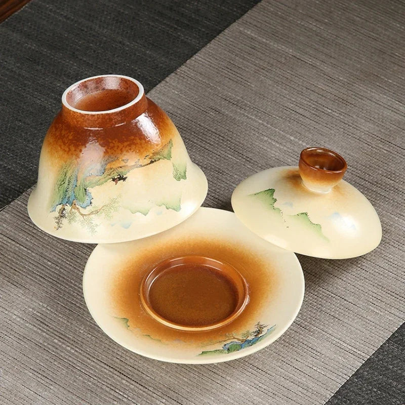 Handbeschilderde Sanjai Gaiwan Retro Pottery Japanse thee -thee -set keramische thee Tureen Kung Fu Tea Cups Tea Bowl Cups