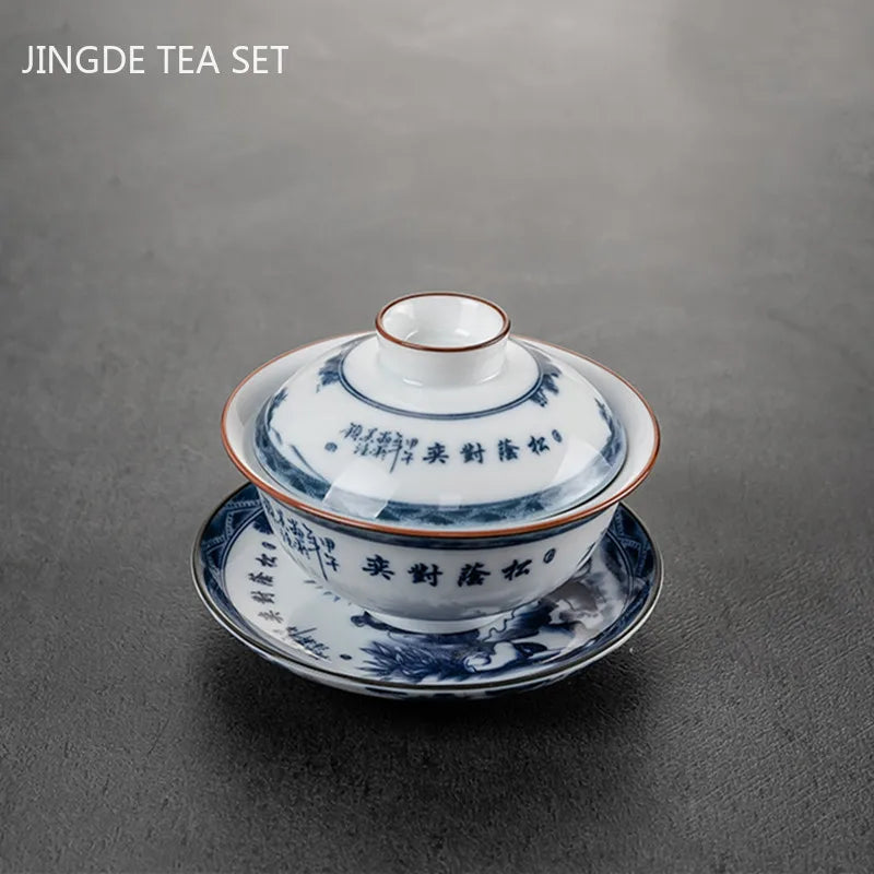 Chinese Style Blue and White Porcelain Tea Set Household Ceramic Gaiwan White Porcelain Cover Bowl Tea Cup Handmade Tea Maker