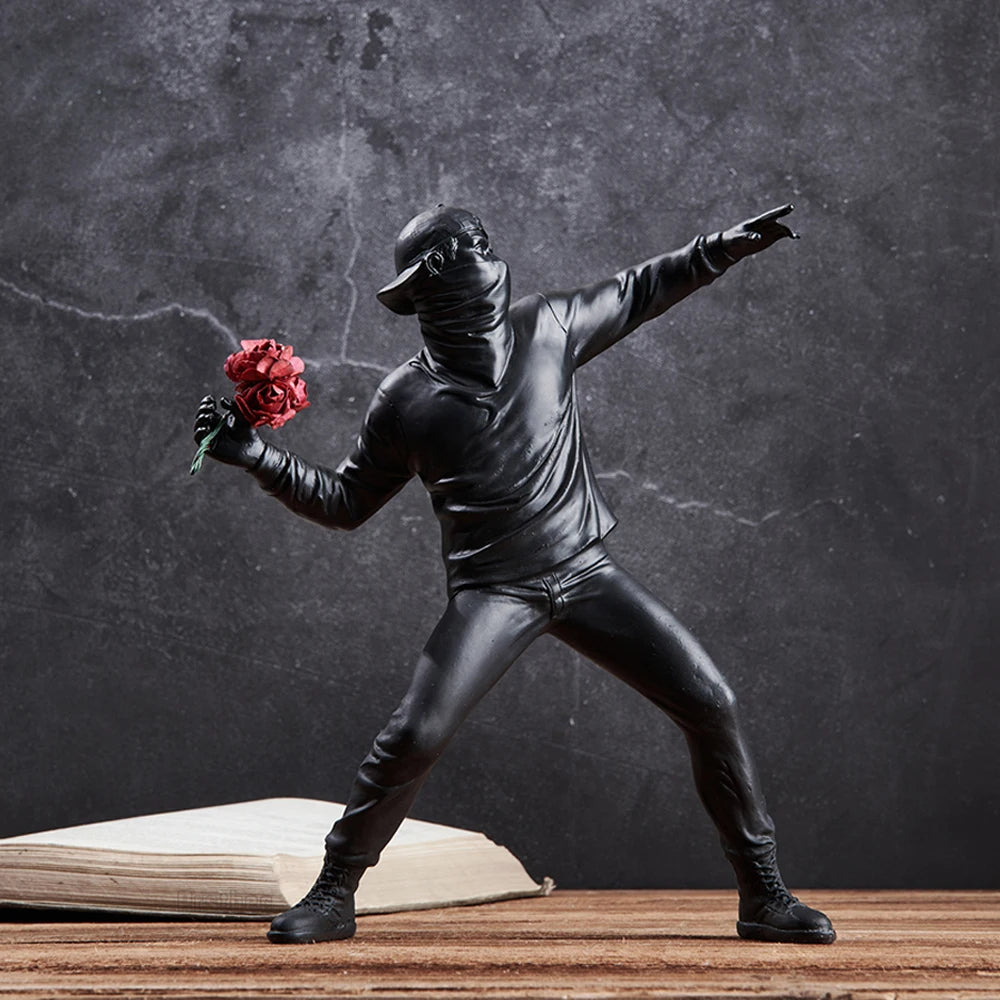Resin Banksy Sculptures - Flower Thrower & Desk Bomber for Luxury Living Room and