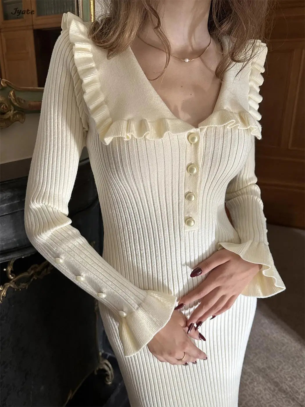 Elegant Ruffled Women Dress Long  Pit Stripe Knit Dresses For Winter Autumn Retro Lapel Pearl Button Fall Fashion Vestidos Robes