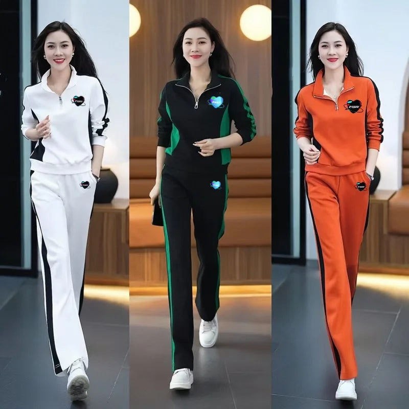 Casual sports suit for women spring and autumn 2024 new fashion stand-up collar sweatshirt wide-leg pants two-piece set