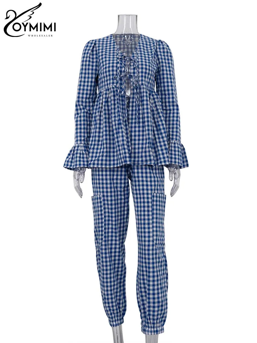 Oymimi Fashion Blue Plaid Print 2 Piece Sets Women Outfit Elegant Long Sleeve Ruffled Lace-Up Shirts And Pockets Trousers Sets