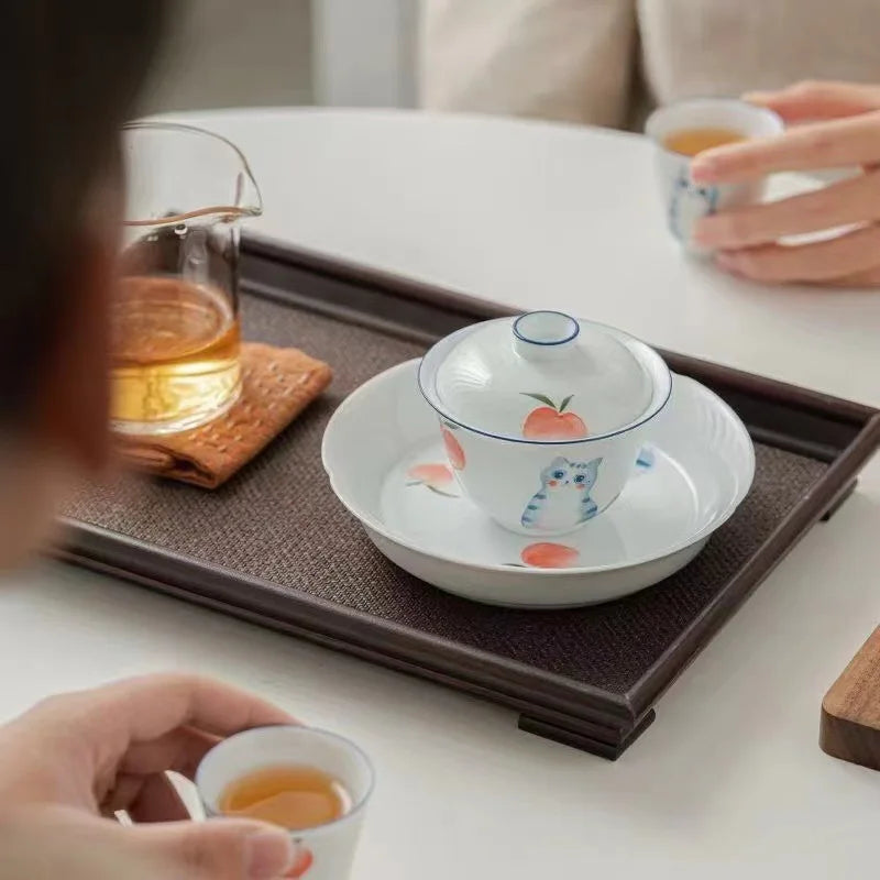 Ręcznie malowany kot tureen pojedynczy ceramiczny gaiwan tureen herbatę herbatę piwowarska miska biała porcelanowa kung fu herbata zestaw gaiwan