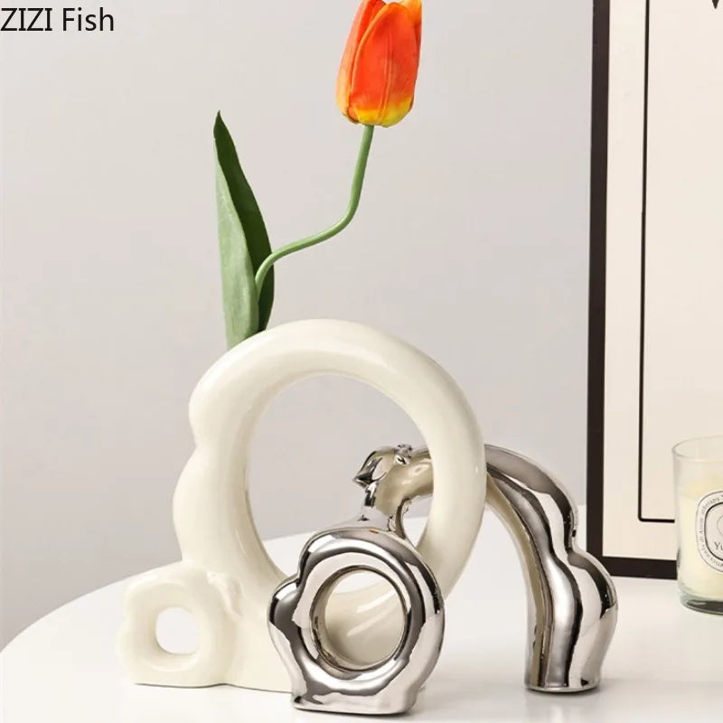 Desktop Ceramic Vase Desenvolvimento de duas peças Flores artificiais Arte Ornamentos