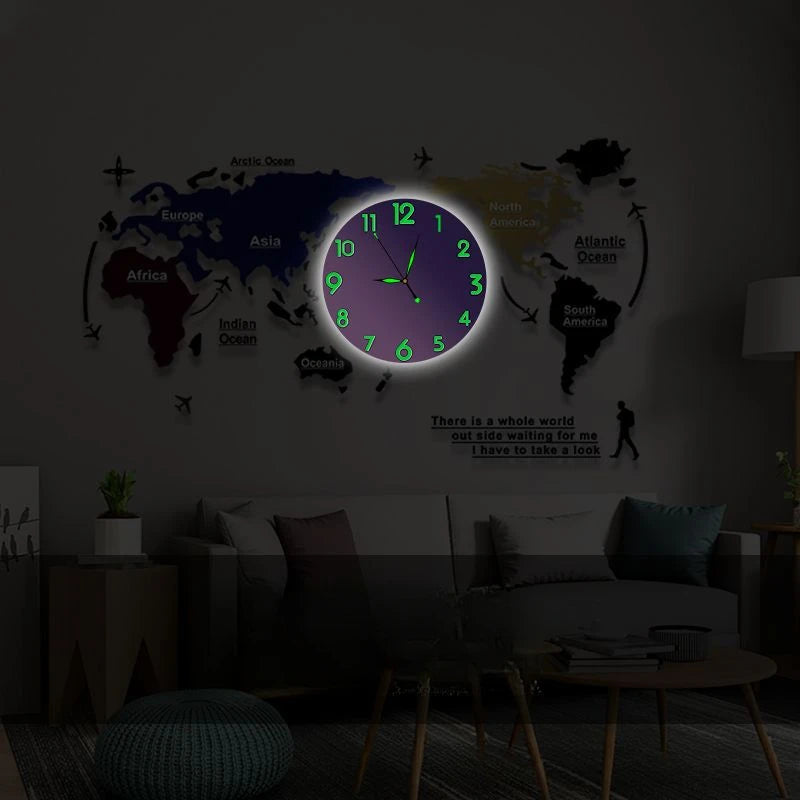 Reloj de pared LED Diseño moderno Mapa 3D Grandes relojes de pared de bricolaje Decoración de la sala de estar Luminoso Watchne Wall Art Reloj de Pared Hierro