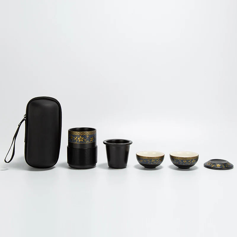 Cérémonie de mise en service de thé à thé portable chinois et tasse de voyage de voyage en céramique 1 pot 2 tasses 1 sac de rangement Kung Fu.