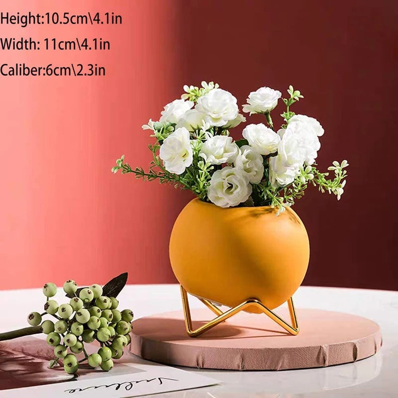 Küçük çiçek vazo seti 3, oturma odası için modern seramik vazo, sahte çiçekler için sarı mavi turuncu yuvarlak vazo