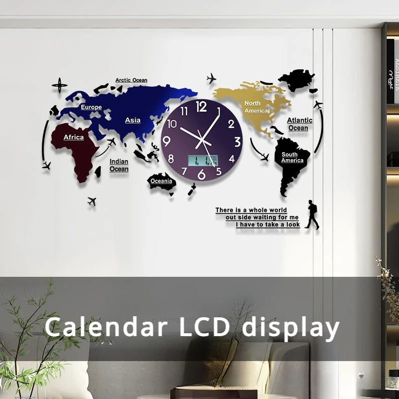 Reloj de pared LED Diseño moderno Mapa 3D Grandes relojes de pared de bricolaje Decoración de la sala de estar Luminoso Watchne Wall Art Reloj de Pared Hierro