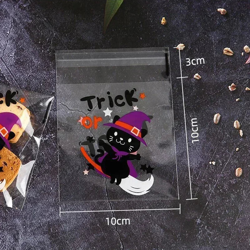 50/100 PCS 10x10cm Halloween Plastic Candy Cookies Beg Hadiah Beg Pelekat Self Wrap Bag Halloween Parti Hiasan Kanak -kanak
