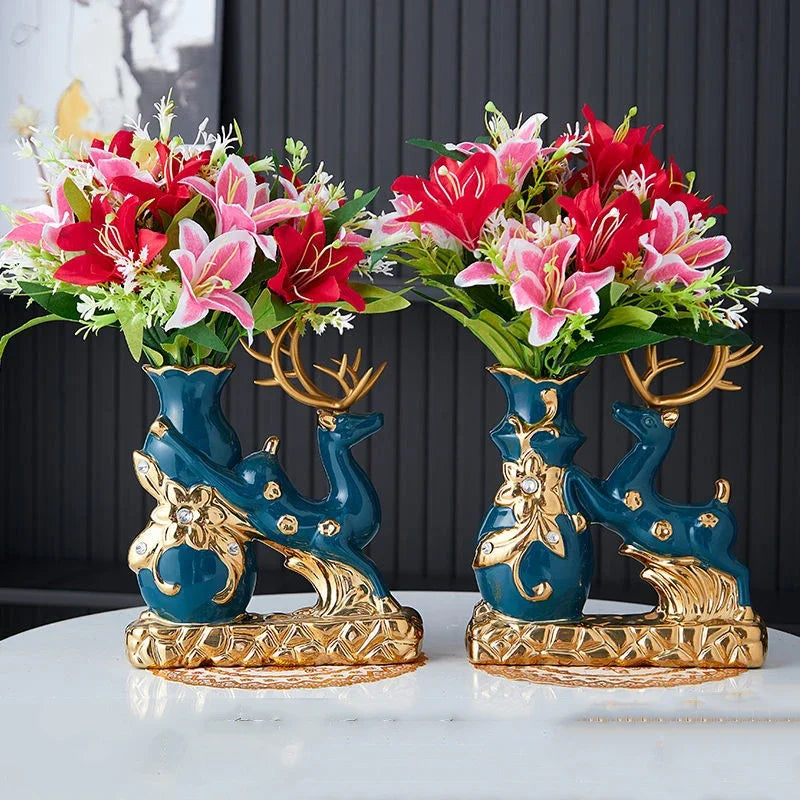 Modern Double Elephant Swan Ceramic Vase Artificial Flower Set Store Club Furnishing Crafts Home Desktop Figurines Decoration