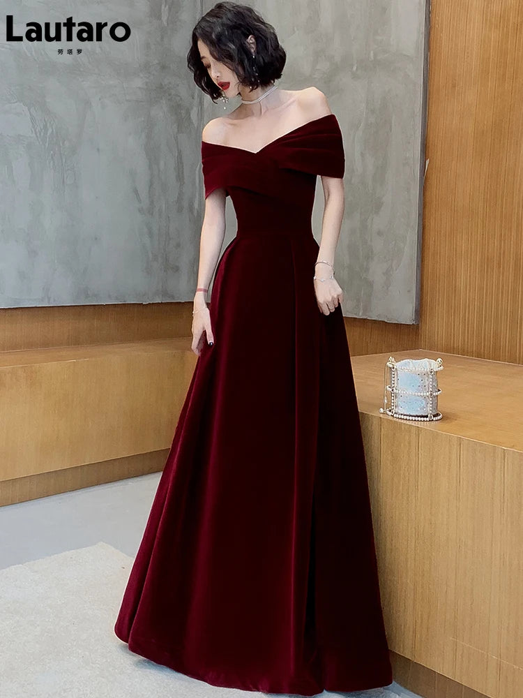 Lautaro Spring Long Luxury Elegant Wine Red Soft Velvet Evening Party Wedding Dresses for Women 2022 Off Shoulder Maxi Dress