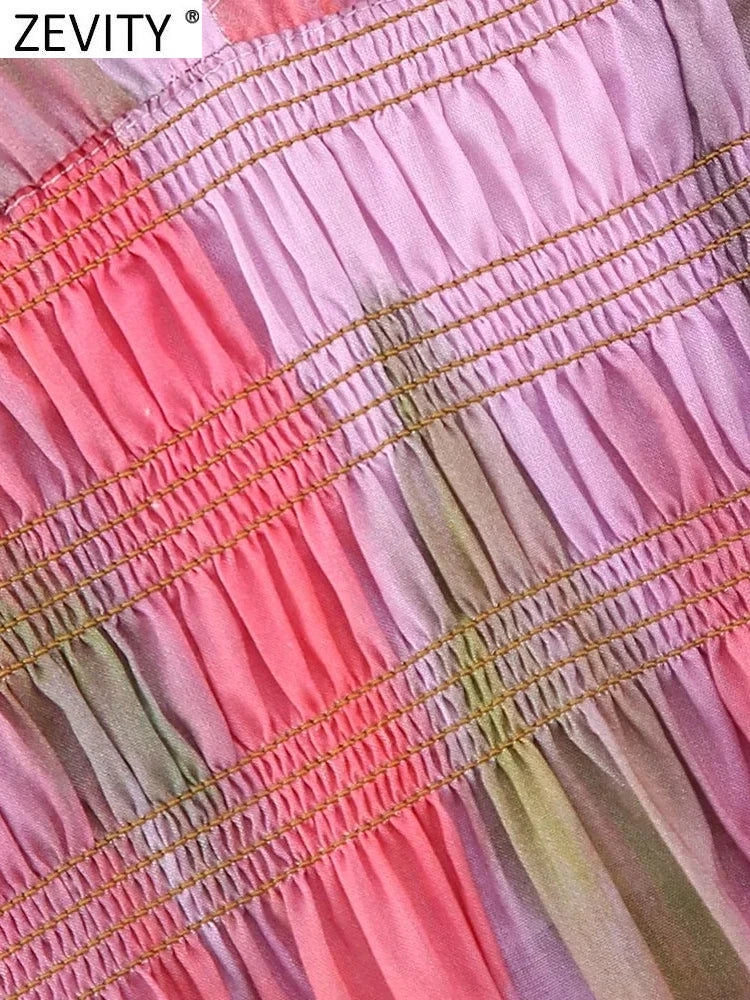 ZEVITY Women Fashion V Neck Color Match Tie Dyed Print Sling Midi Dress Female Chic Summer Backless Elastic Slim Vestidos DS4616