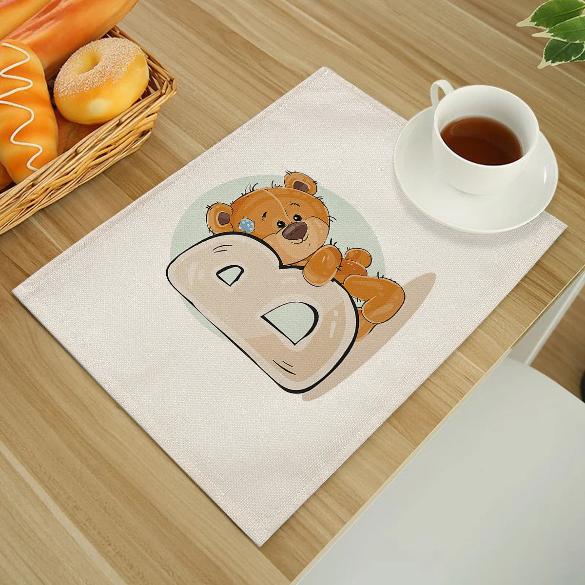 Cute Cartoon Animal Bear Kitchen Placemat for Children Kids English Alphabet A-Z Print Cotton Linen Dining Table Mats Coaster
