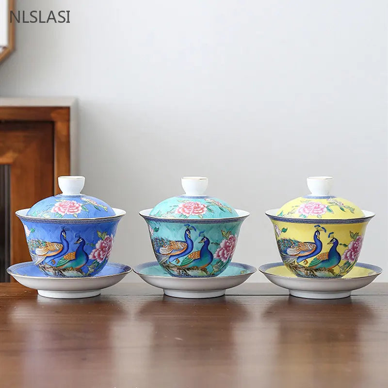 180ml Jingdezhen Keramik Gaiwan Emaille Farbe mit Deckung Tee Tasse Sancai Tee Schüssel Chinesische Porzellan Tee Set Haushaltstee Infuser