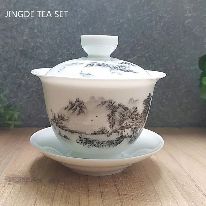 Čínský modrý a bílý porcelánový čaj Tureen Bowl Ručně vyráběné keramické šálky Travel Portable Gaiwan Home Tea Set DITWARE 160 ml